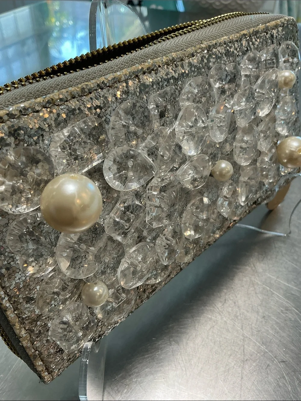 Deux lux chunky Beaded Silver glitter clutch/wallet.